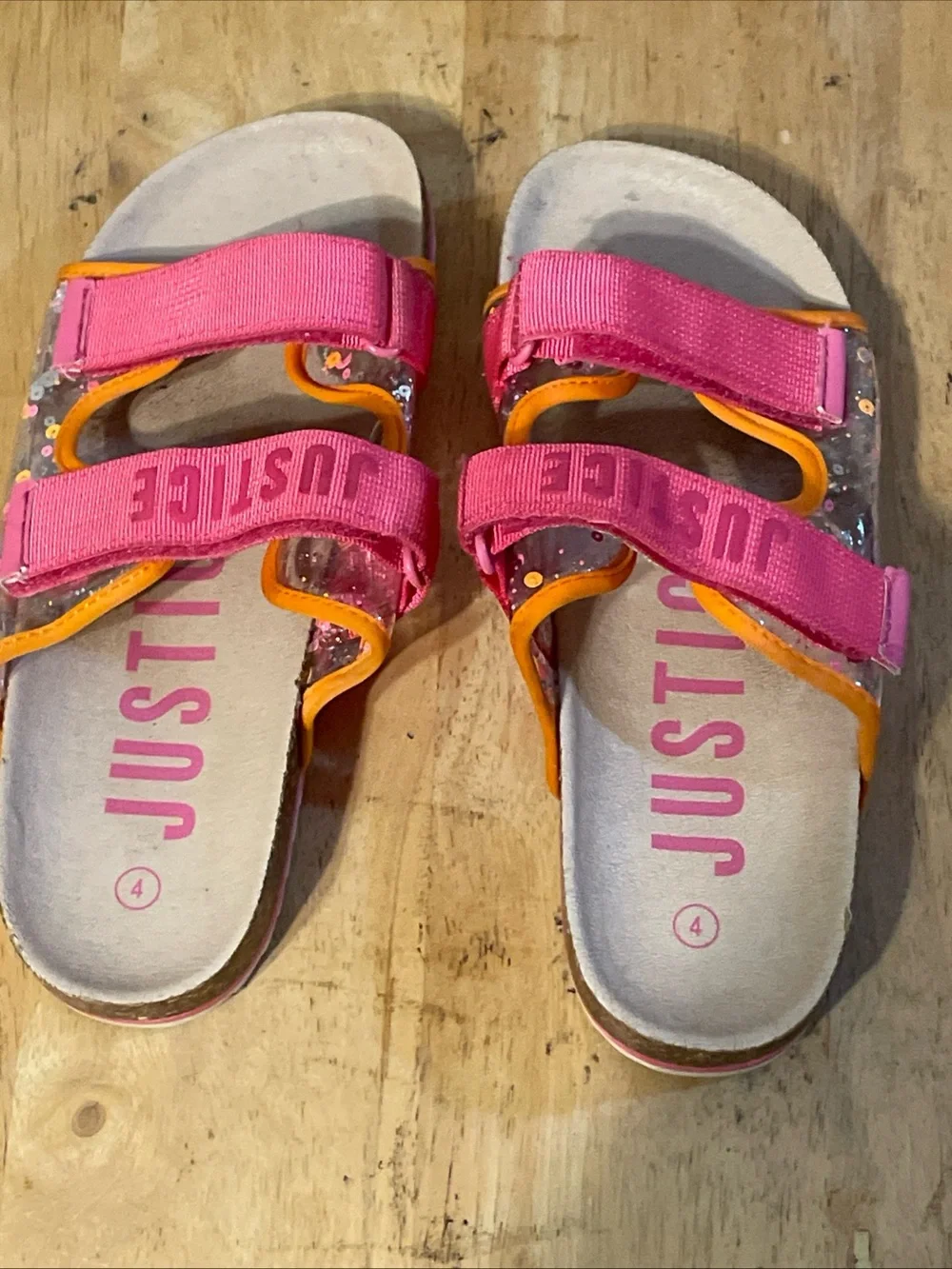 Justice Pink Sequin Strap Sandals with Orange Trim